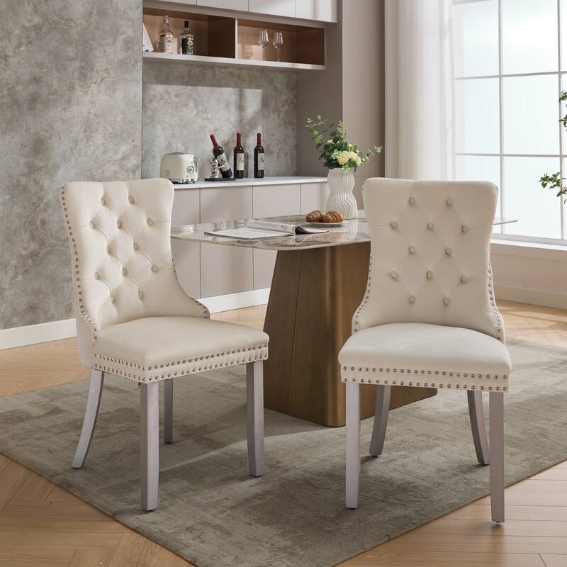 Nikki Collection Modern High-end Tufted Velvet Upholstered Dining Chair with Wood Legs Nailhead Trim 2-Pcs Set