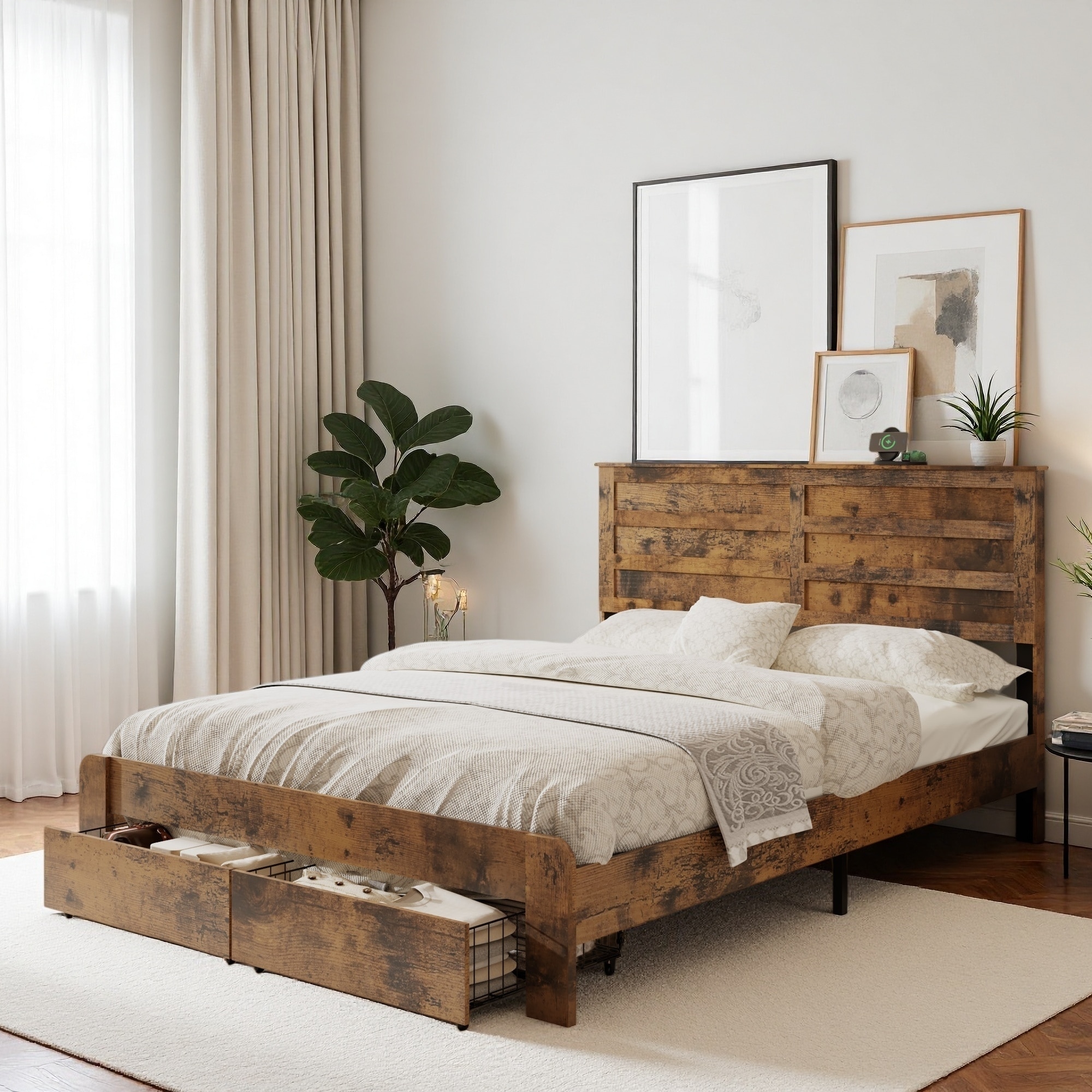 Wood Platform Bed Frame with Storage Headboard, Charging Station, 2 Drawers, and USB Ports