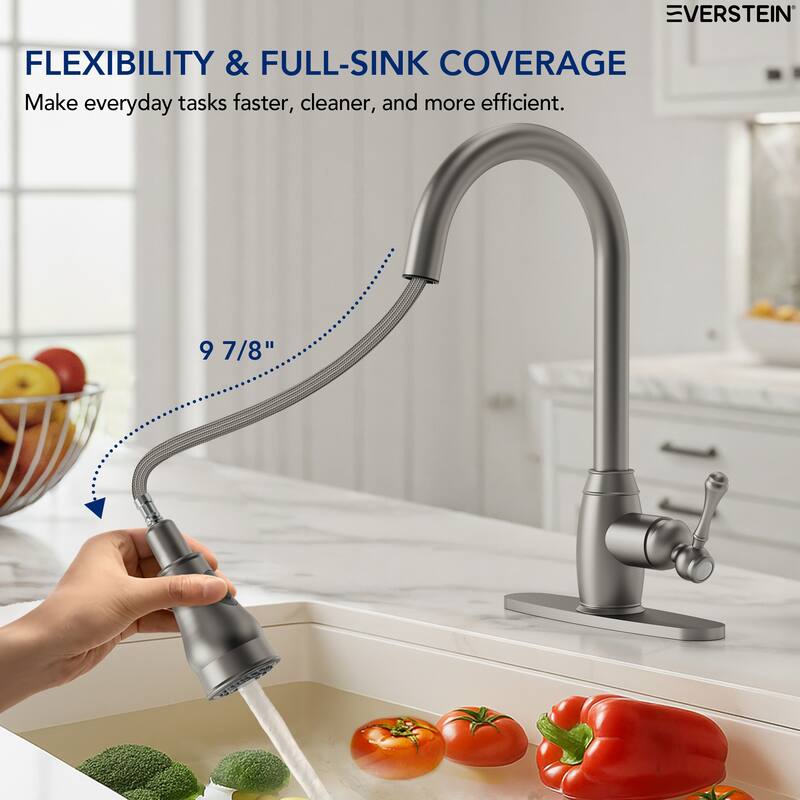 Single Handle Pull Down Sprayer Hot and Cold Kitchen Faucet 360° Spout Swivel with Deckplate