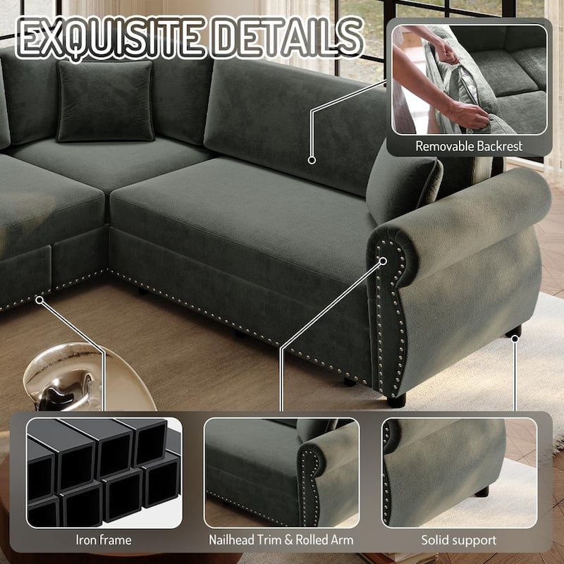 88.2" L-Shaped Sleeper Sectional Sofa with Pull-Out Bed - Chenille Convertible Couch, Nailhead Trim, for Living Room