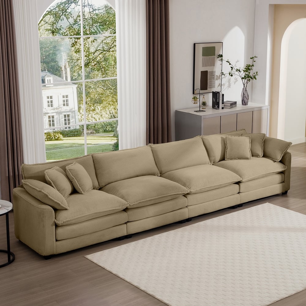 150" Corduroy Cloud Upholstered 4-seater Modular Sectional Sofa with 6 Pillows, Double Cushion Seat, Free Combination