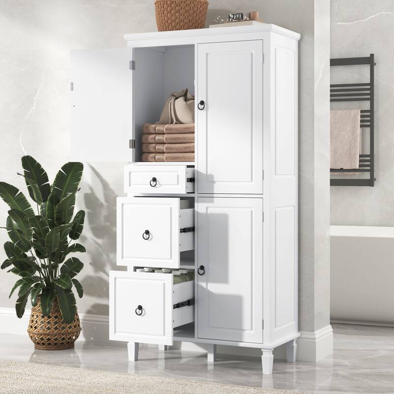 61.7" Storage Cabinet White Organizer with Adjustable Shelves, 3 Drawers, and 3 Enclosed Compartments