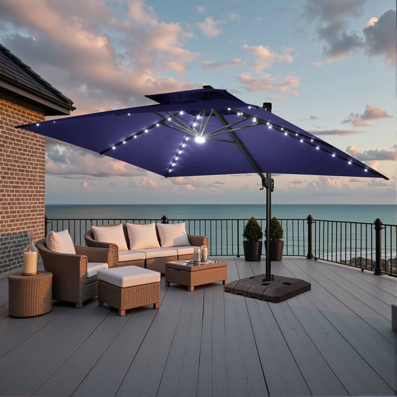 10 FT x 13 FT Outdoor LED Lighted Patio Cantilever Umbrella with Base - Navy Blue