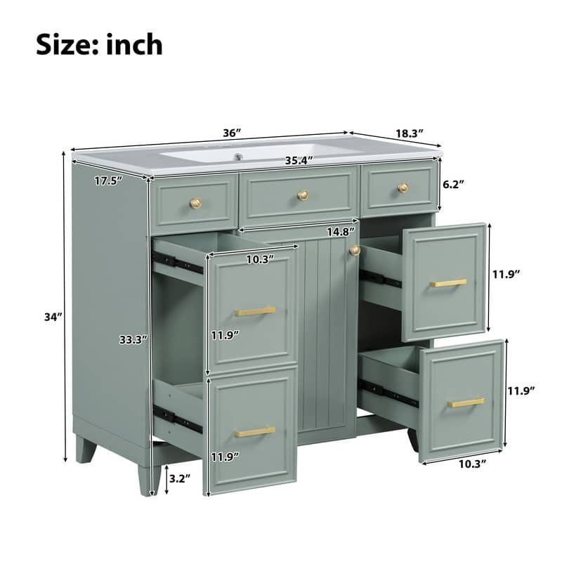 36" Wood Vanity with Ceramic Sink, Soft-Close Doors, Shelves, and Deep Drawers for Storage.