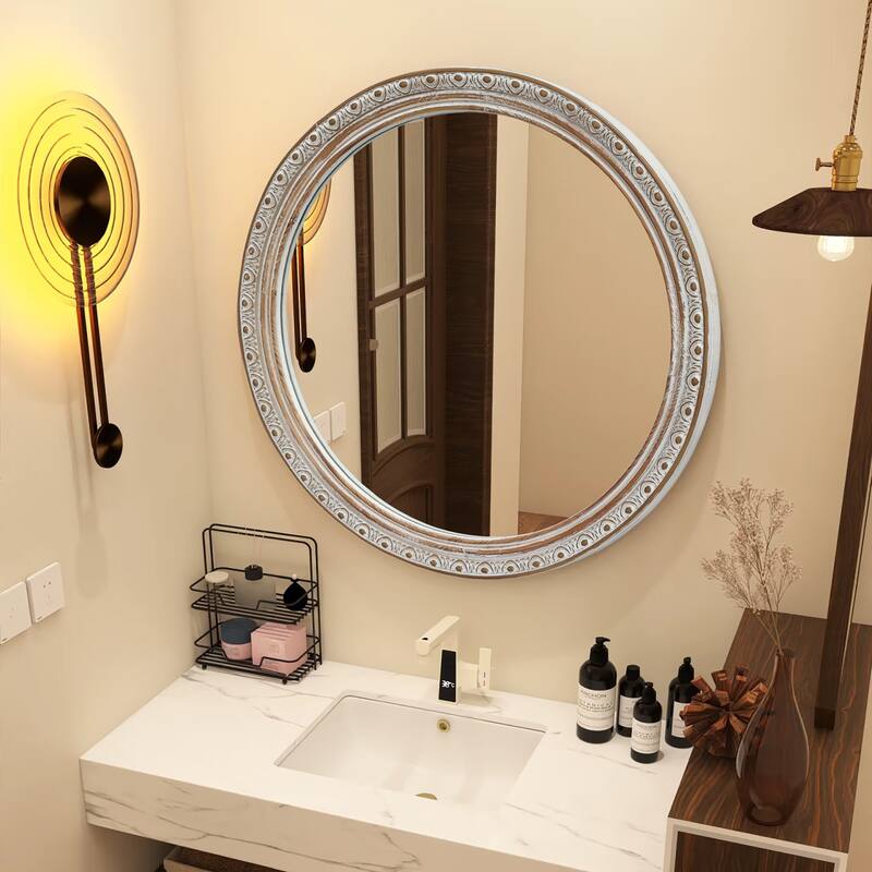 Round Wall Mirror (23.62" x 23.62") - Distressed Silver-Gold Carved Frame, Decorative Hanging Mirror for Bathroom, Bedroom