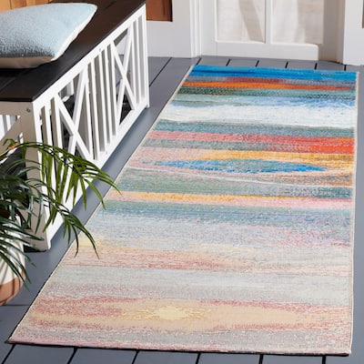SAFAVIEH Barbados Jaike Tropical Indoor/ Outdoor WaterproofPatio Backyard Rug - Light Blue/Pink - 2'8" x 10'5" Runner