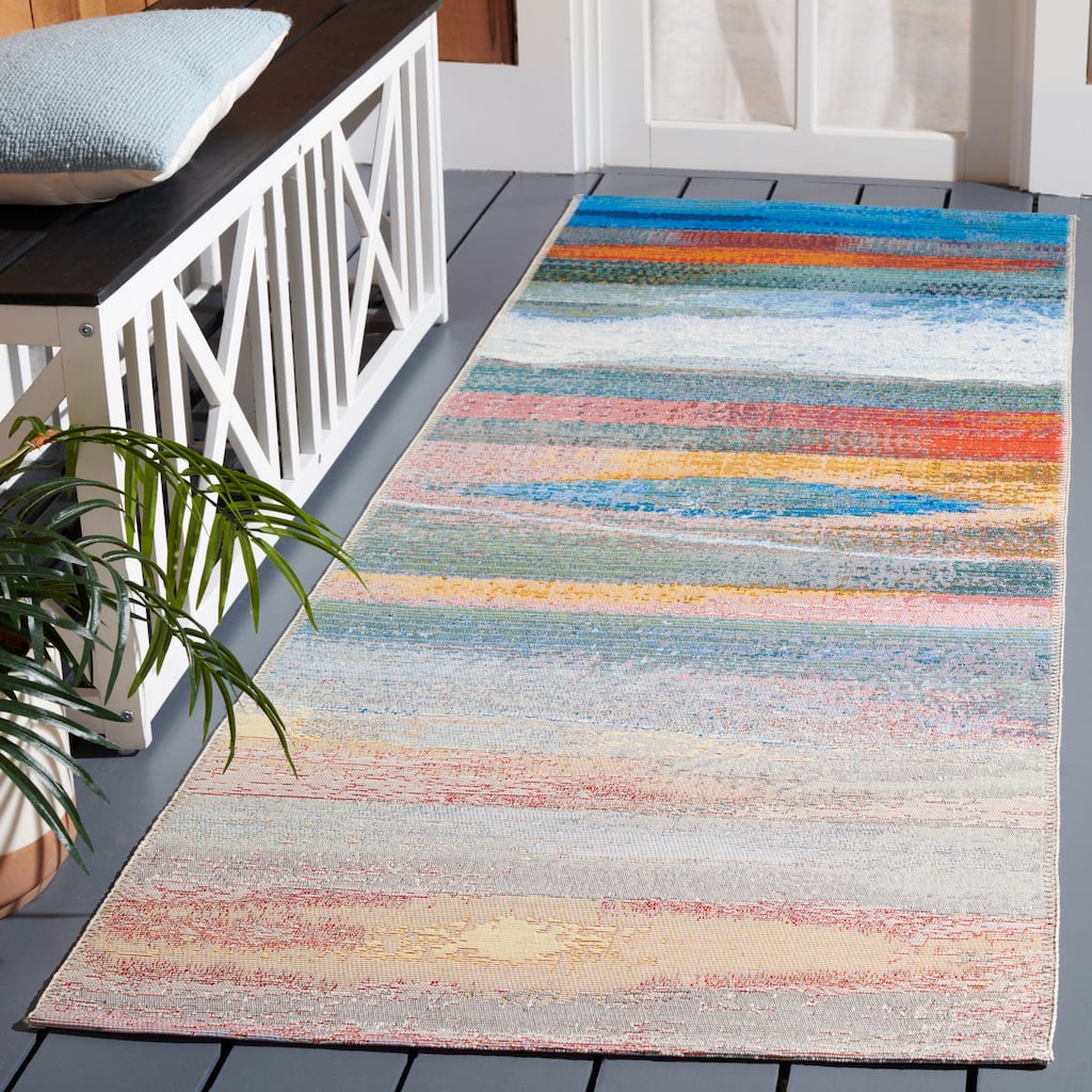 SAFAVIEH Barbados Jaike Tropical Indoor/ Outdoor WaterproofPatio Backyard Rug - Light Blue/Pink - 2'8" x 10'5" Runner