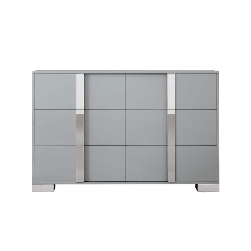 4-Pieces Bedroom Sets Queen Size Upholstered Bed with LED Lights, Mirrored Nightstands and Dresser with Metal Handles and Legs