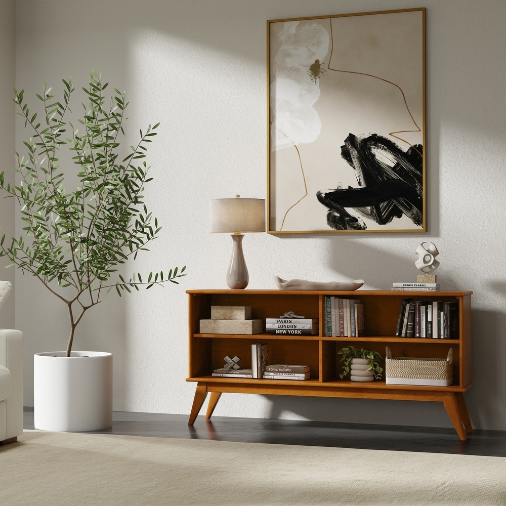 WYNDENHALL Tierney SOLID HARDWOOD 30 x 64 inch Modern Low Bookcase in Teak Brown - 14" d x 64" w x 30" h