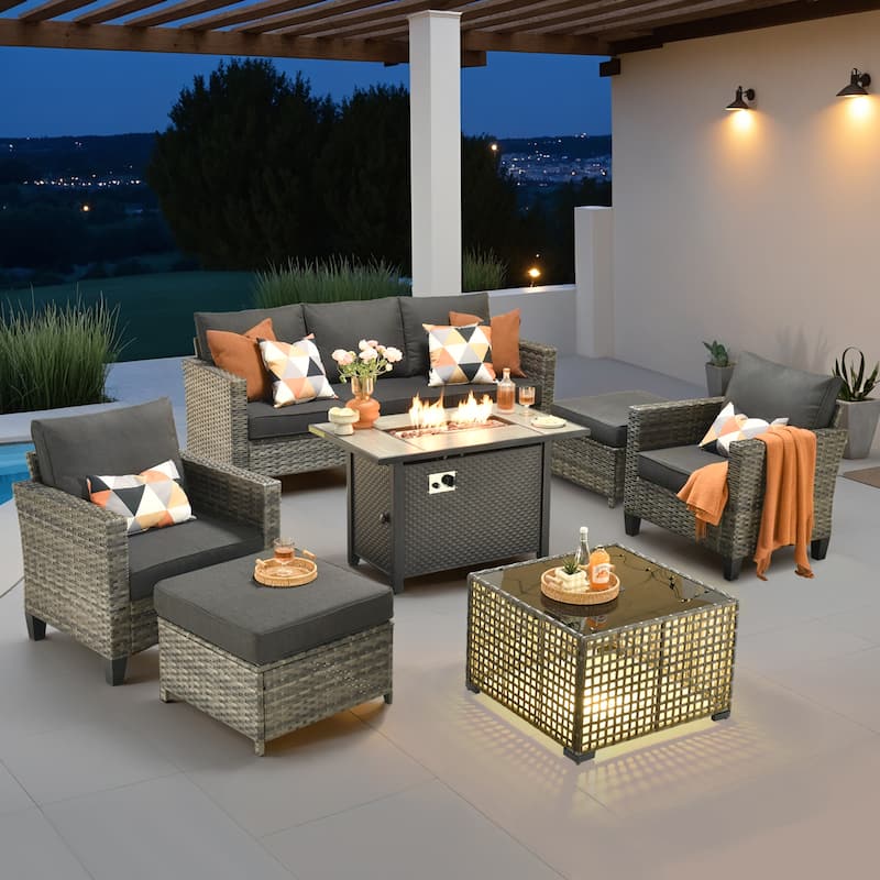 OVIOS 7 Pieces Patio Furniture Set with Solar-Powered Table & Fire Pit - Black