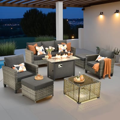 OVIOS 7 Pieces Patio Furniture Set with Solar-Powered Table & Fire Pit