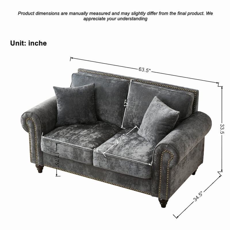 Loveseat with Rolled Armrest, Chenille Upholstered Fabric Sofa, 2-Seater Couch with Solid Wood Legs & Nailhead Trim