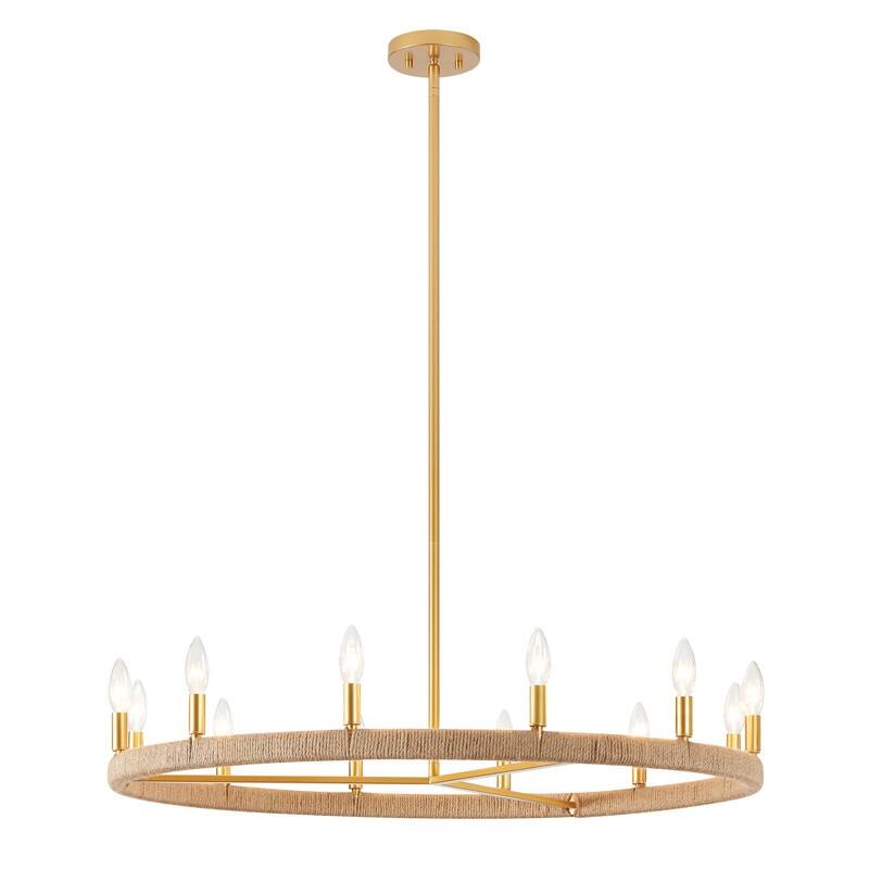 KAWOTI 12-Light Rustic Wagon Wheel Chandelier with Jute Wrap - W36.5" x H46.4"