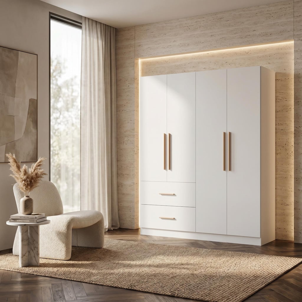 Modern White Armoire Wardrobe Closet, 4 Door Bedroom Wardrobe Cabinet with Drawers Freestanding Clothes Organizer Cabinet