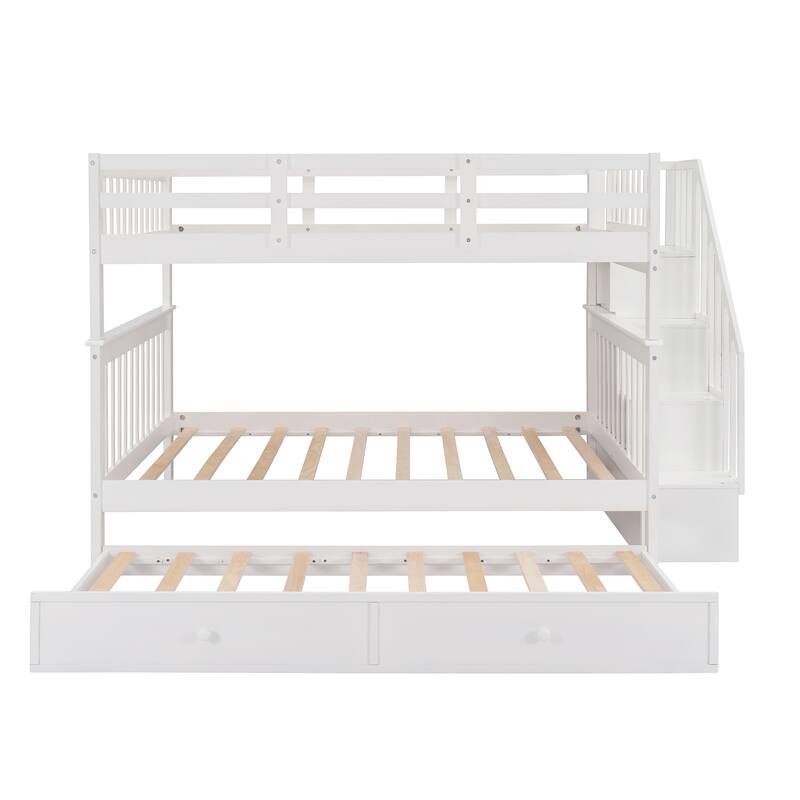 Stairway Full-Over-Full Bunk Bed with 1 Twin Trundle, 4 Open Shelves and Guard Rail