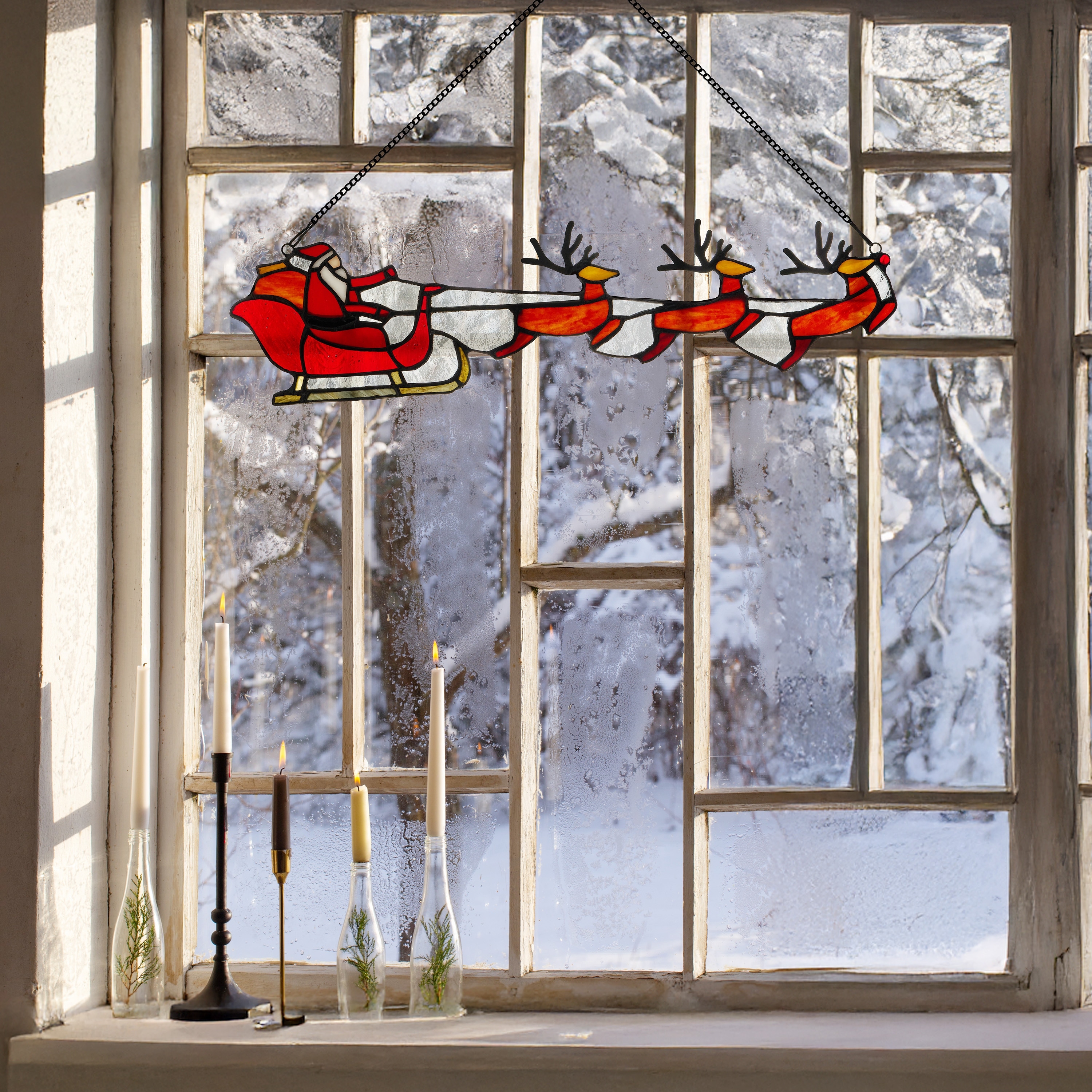River of Goods 18-Inch Santa and Reindeer Christmas Tiffany-Style Stained Glass Window Panel - 18" x 0.25" x 4.5"