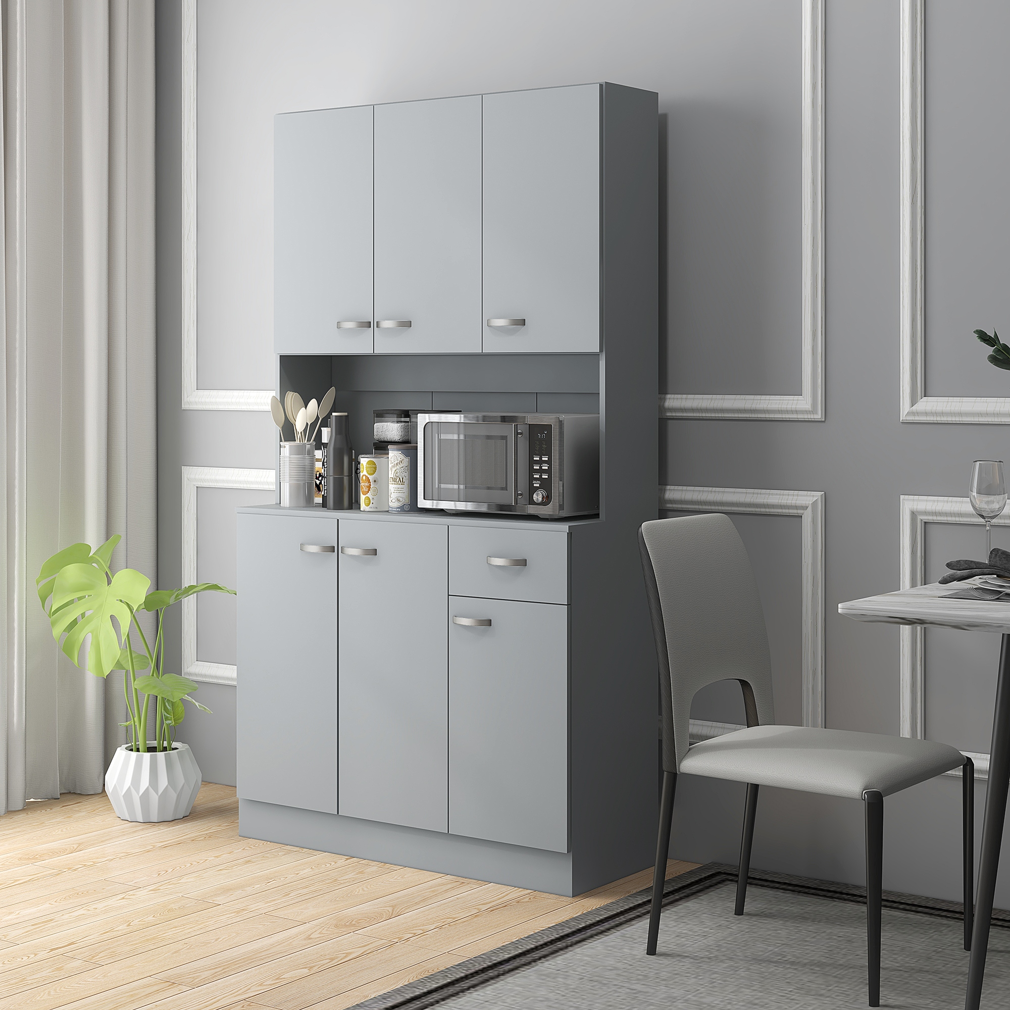 Gray store kitchen hutch