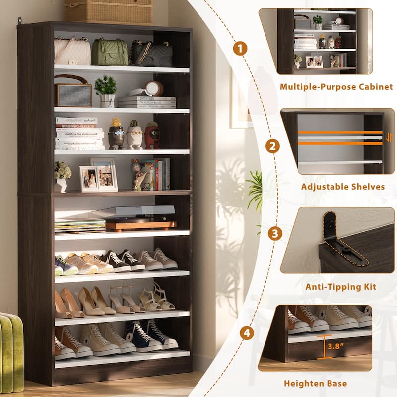 Rackcog 9-tier 64'' Tall Shoe Cabinet, 36 Pairs Wooden Shoe Storage Rack for Closet, Entryway