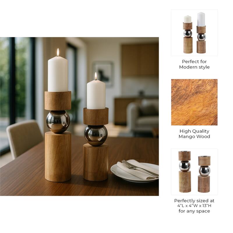 Candle Holders Set of 2 - Tan Wood Iron Sphere, 11/13" - 13.0"