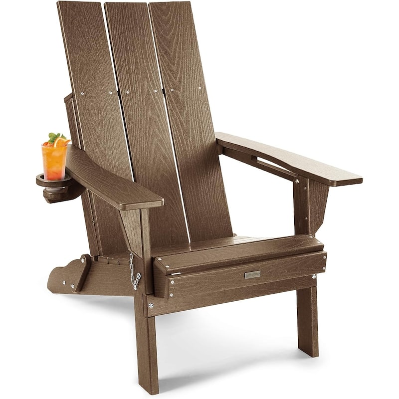 WINSOON Modern HDPE Outdoor Folding Adirondack Chair With Cup Holder - Teak