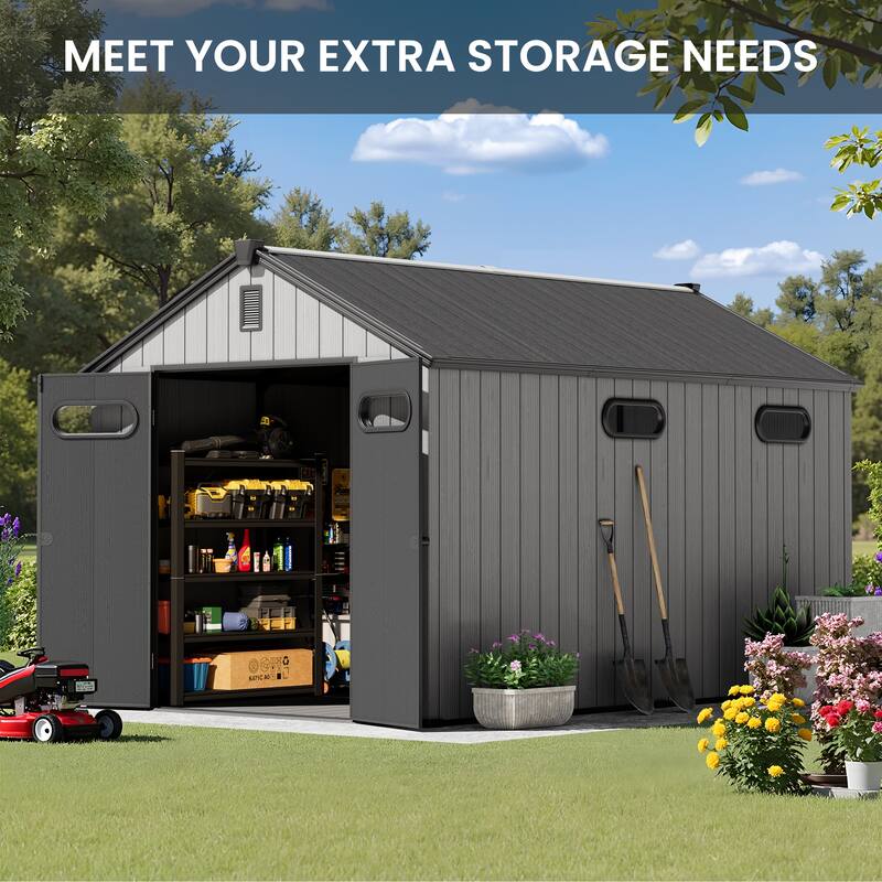 8' x 8' / 8' x 10'/ 8' x 12' Outdoor Resin Storage Shed with Lockable Doors and Air Vents for Garden