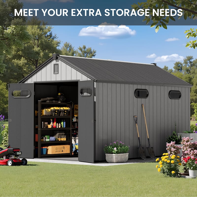 All-Weather Outdoor Storage Shed Waterproof Resin Garden Shed with Floor, Lockable Doors, Skylight for Lawn Tools & Bikes