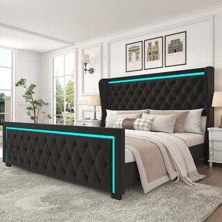 Black King Velvet Platform Bed, High Headboard, LED - Bed Bath & Beyond ...