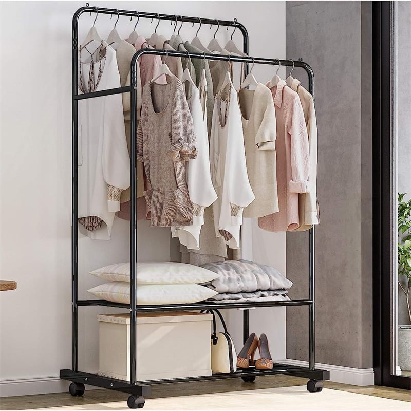 Metal Double Rail Clothes Stand on Wheels