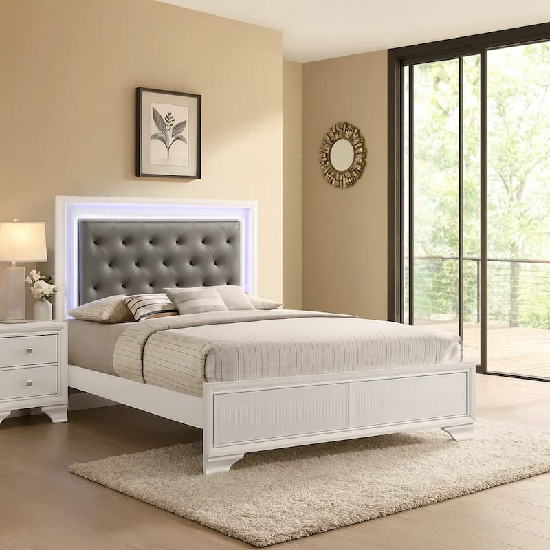 Lise Queen Size Bed, Gray Fabric Upholstery, LED Lit, Modern White Wood