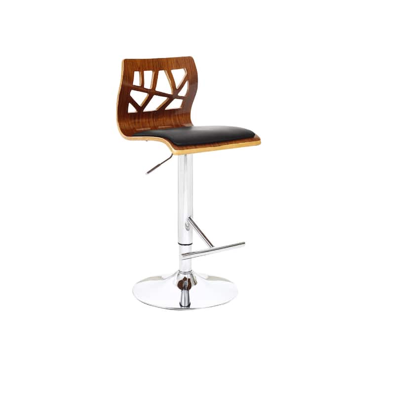 Black Brown And Silver Faux Leather And Wood Low Back Adjustable Height Bar Chair