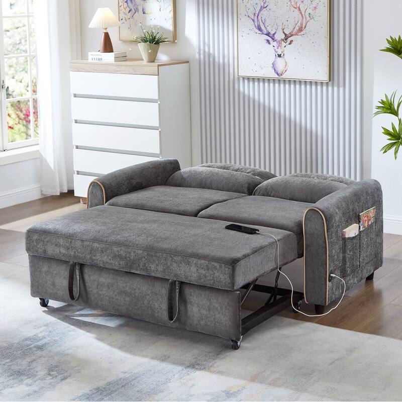 Pull Out Sofa Bed, 58-inch Sofa Bed, Sleeper Sofa, Loveseat Sofa with Adjustable 3 -Position Backrest - Grey