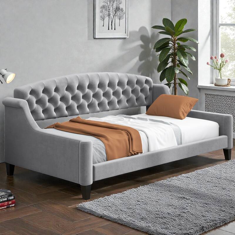Modern Luxury Tufted Button Twin Daybed, Upholstered Sofa Bed with Wood Frame and Slats, No Box Spring Needed