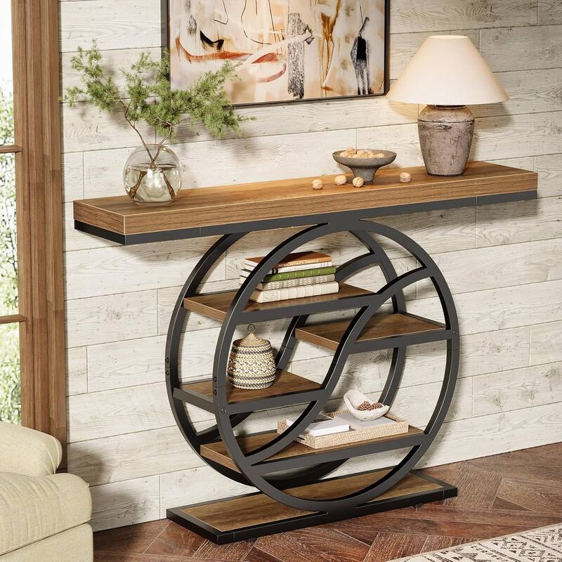 6 Tiers Industrial Entryway Table, 47 Inches Console Table with Metal Frame - Black & Brown