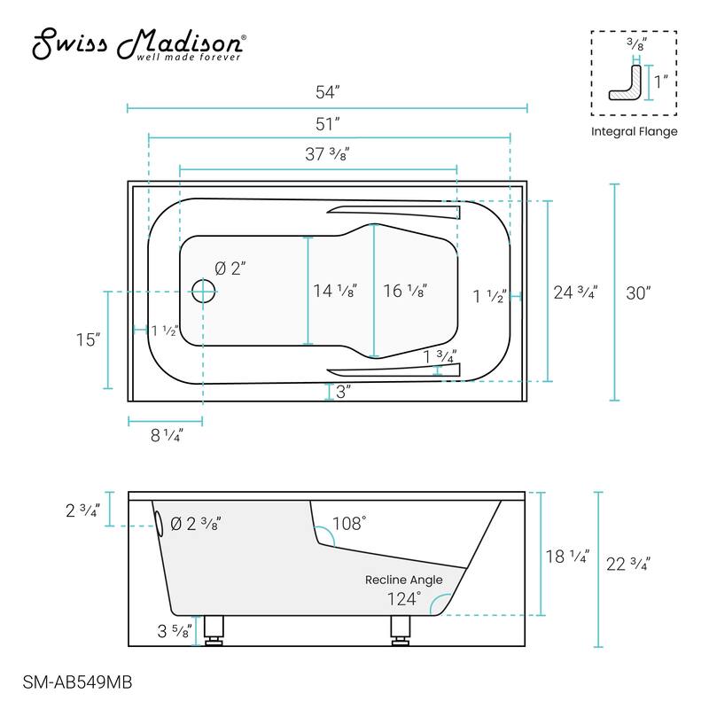 Swiss Madison Voltaire, Acrylic White, Alcove, Integral Armrest, Bathtub with Apron