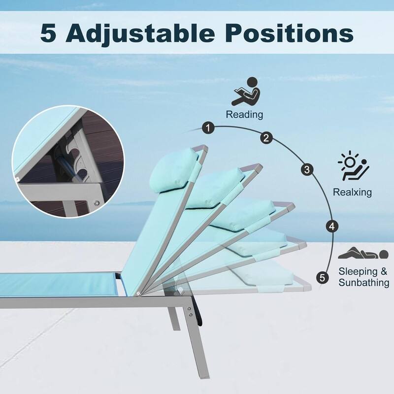 3 Piece Adjustable Patio Chaise Lounge Set, Textilene Pool Chairs with Headrest