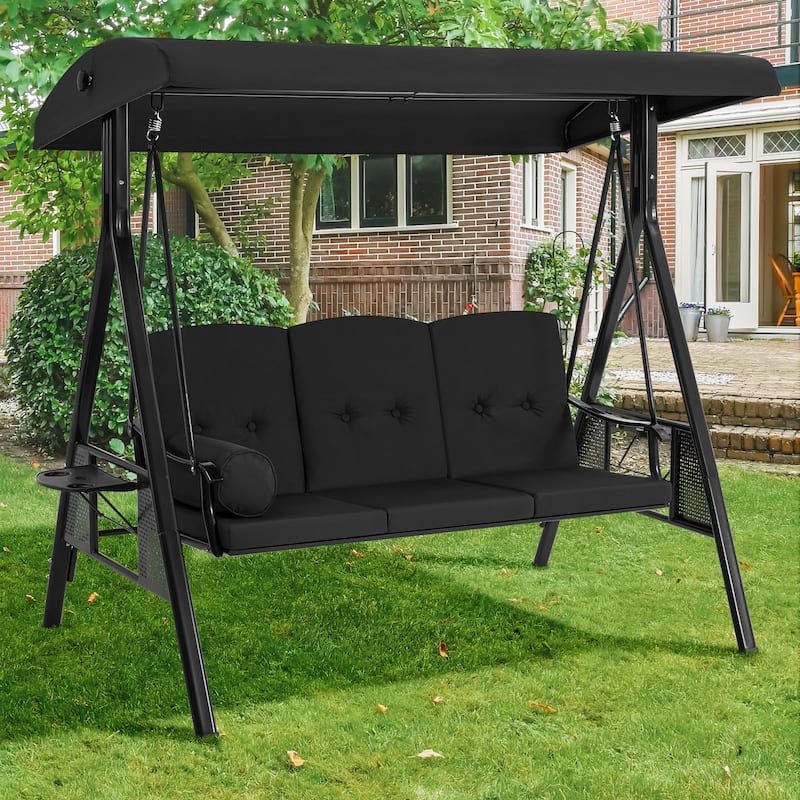 3-Seat Metal Patio Swing, Outdoor Porch Swing Glider with Cushions&Cup Holder