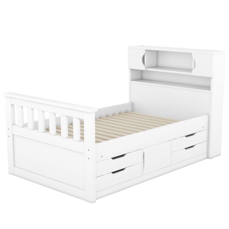 Twin Size Platform Bed Frame with Storage, Bookcase Headboard, Four Drawers, White