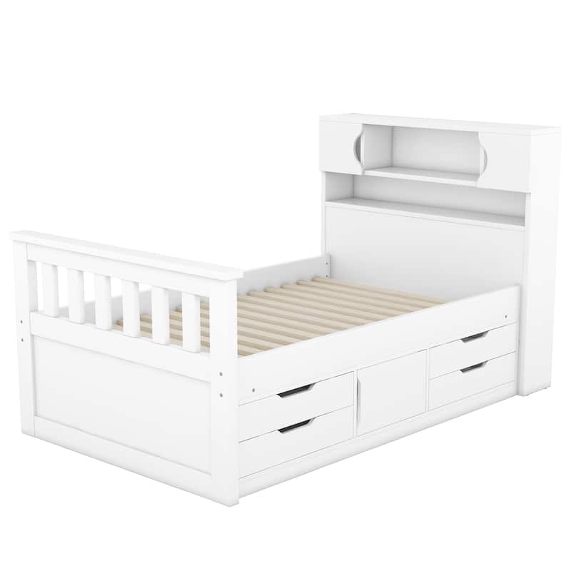 Twin Size Platform Bed with 4 Drawers, Bookcase Headboard, and Storage Shelves, Space-Saving Design, Sturdy and Quiet Frame