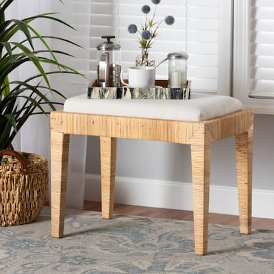 Sofia Modern Bohemian Natural Brown Rattan and Mahogany Wood Ottoman