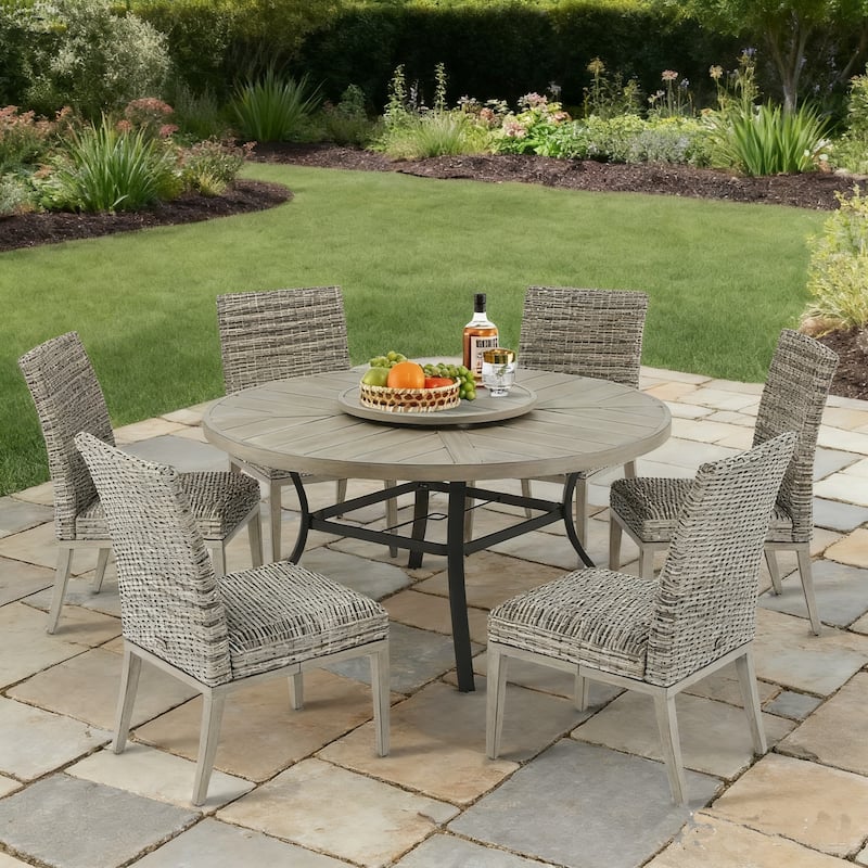 Patio Aluminum Round 59.5" Dining Table With Outdoor Chairs - Mahogany