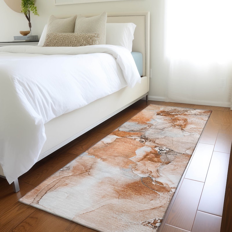 Machine Washable Indoor/ Outdoor Abstract Watercolor Chantille Rug - 2'3" x 7'6" - Paprika