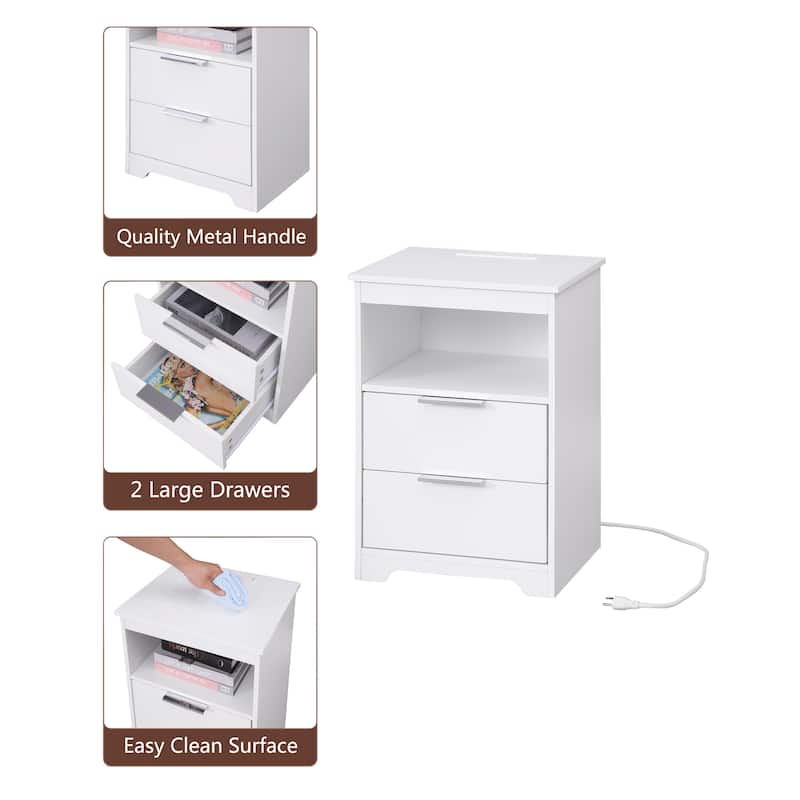 Nightstand with Charging Station,End Table with 2 Drawers,Wooden End Table with Drawer and Opening Shelf