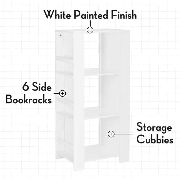 dimension image slide 1 of 5, RiverRidge Kids Bookshelf and Toy Organizer Tower with 3 Cubbies and 6 Bookracks for Playroom, Nursery, and Reading Nook