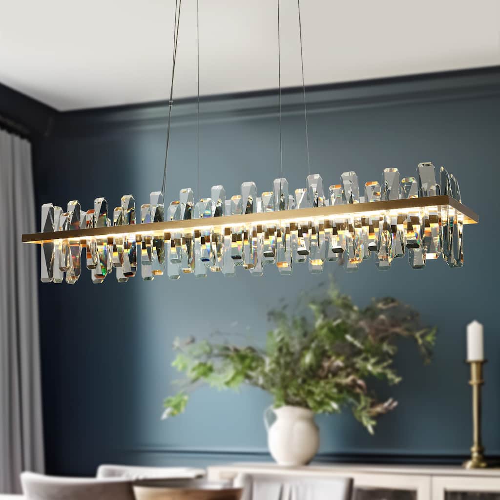 Modern 1-Light LED Crystal Chandelier Gold Rectangle Island Lights for Dining Room - W43.3" x H7.9"
