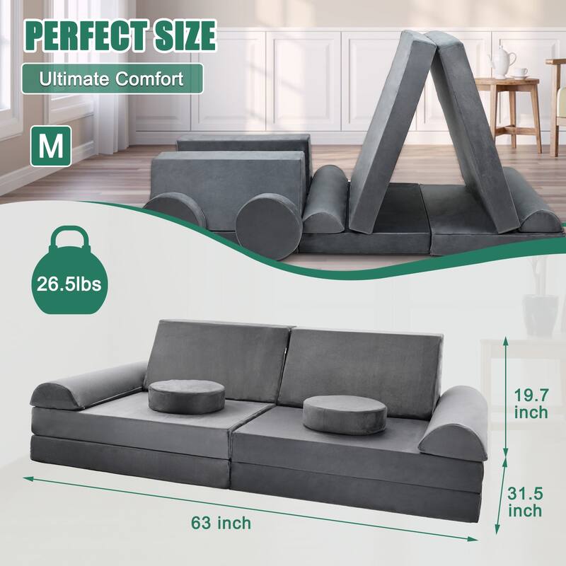 DoCred Kids Play Couch Sofa Set, Modular Toddler Sofa, Grey