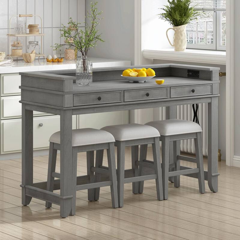 4-Piece Dining Table Set for 3 - Retro Kitchen Table with 3 Storage Drawers and Matching Chairs - Light Grey