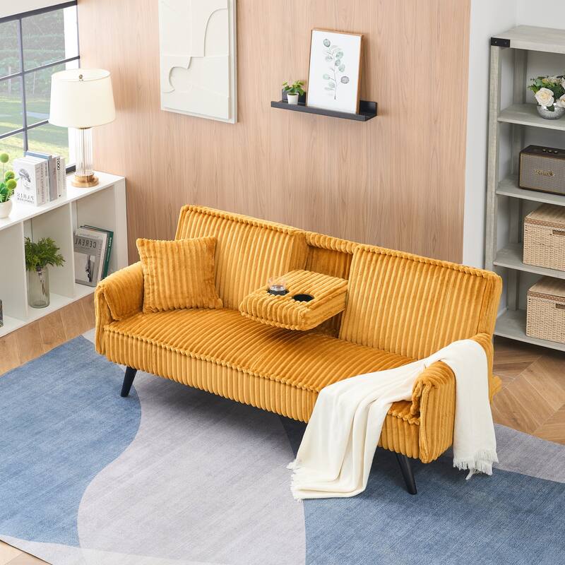Corduroy Convertible Sleeper Sofa Bed, Upholstered Loveseat with Armrests, Small 2 Seater Sofa with Retractable Cup Holder