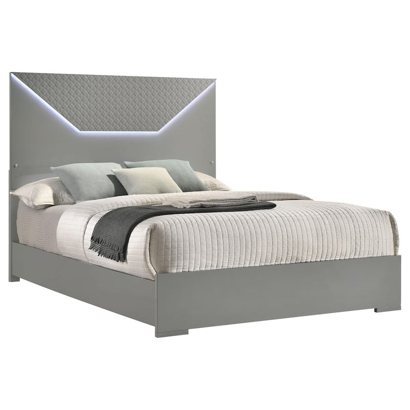 Ivon Queen Size Bed, 3D Embossed LED Headboard, Gray Solid Hardwood