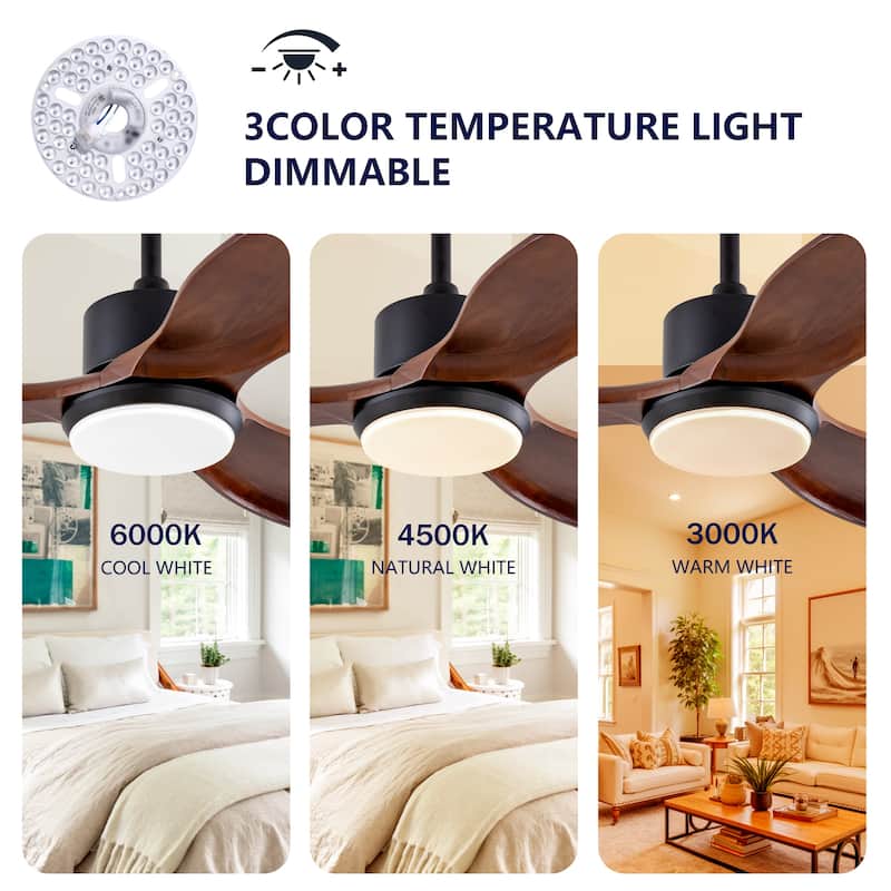 52" Wood Ceiling Fan with Lights Remote Control,Quiet DC Motor 3 Blade Ceiling Fans for Patio Living Room, Bedroom