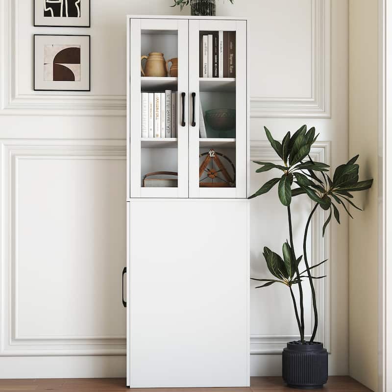 Glass Display Cabinet 3-Tier Bookcase for Collectibles, Wood Storage Cabinet with Door & 4-Tier Pull-Out Shelves for Living Room